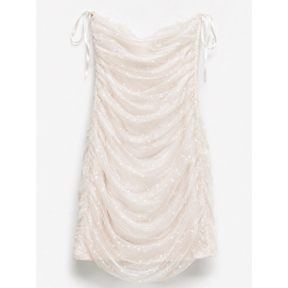 Princess Polly Ruched Polka Dot Mesh Mini Dress Strapless Ivory US 4 XS